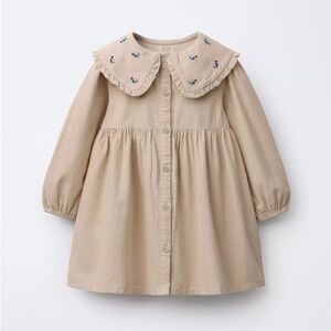 Zara Beige Embroidered Collar Button-Front Kids Dress